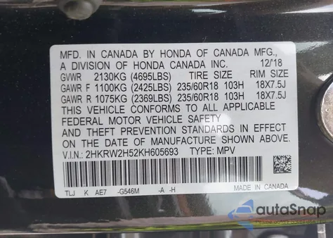 2019 Honda Cr-V Ex из США, поврежденный, VIN 2HKRW2H52KH605693